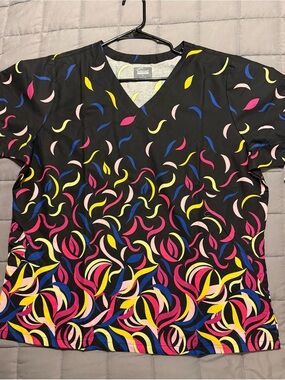 Butter Black V-Neck Short Sleeve Top with Pink Yellow Blue Swirl Print